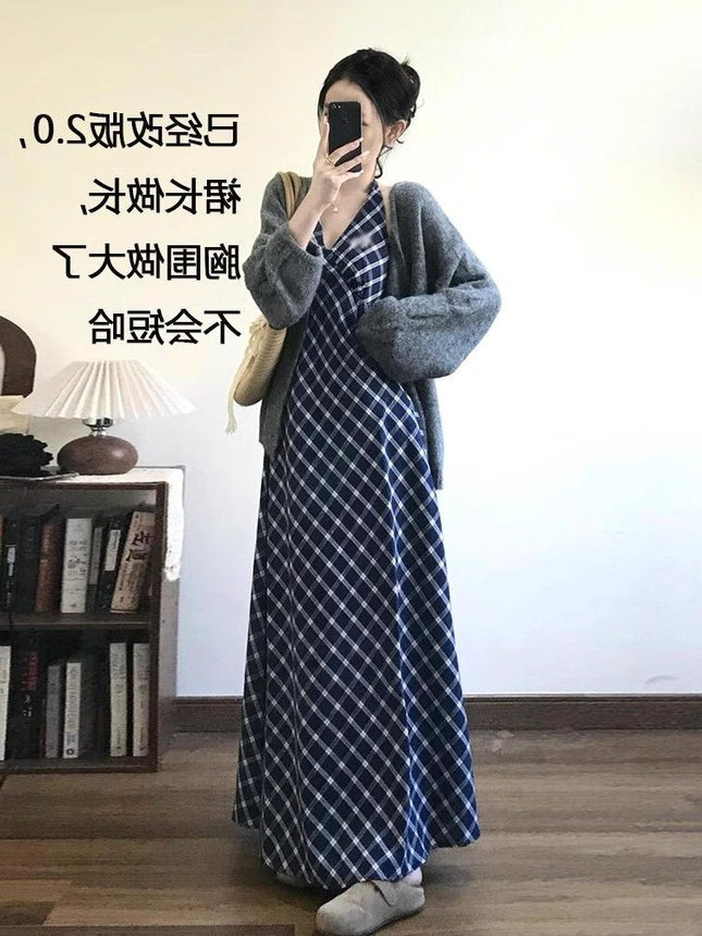Tall 172cm Extended Version Summer French-Style Halter V-Neck Strap Dress, Elegant and Slimming Blue Plaid Long Dress