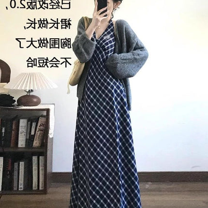 Tall 172cm Extended Version Summer French-Style Halter V-Neck Strap Dress, Elegant and Slimming Blue Plaid Long Dress
