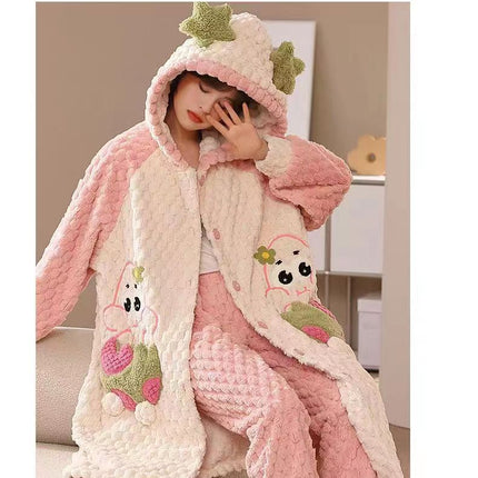 Autumn and winter coral fleece parent-child big strawberry nightgown thickened high quality couples home clothing Donald duck a generation of hair