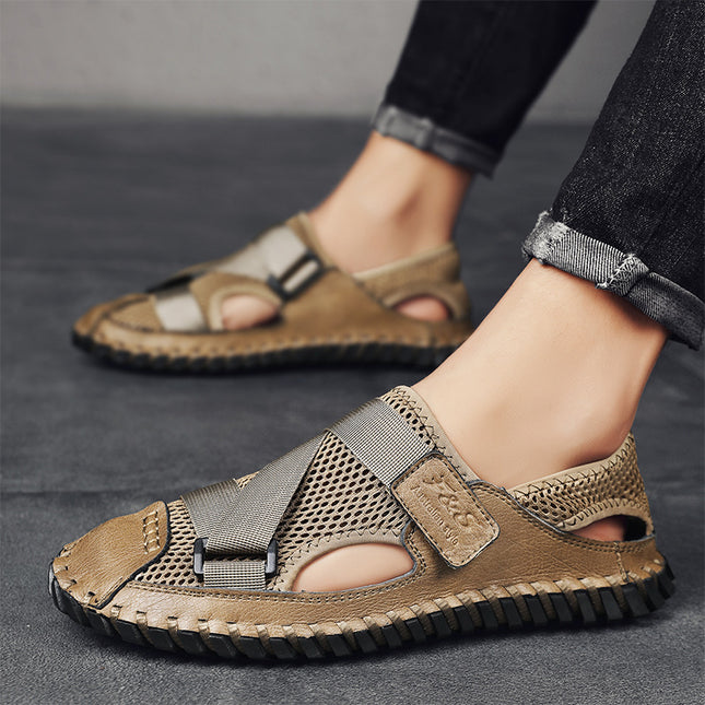 Cross-Border Hot-Selling Summer New Products Large Size Hand-Stitched Casual Breathable Mesh Genuine Leather Toe-Cap Sandals and River Shoes