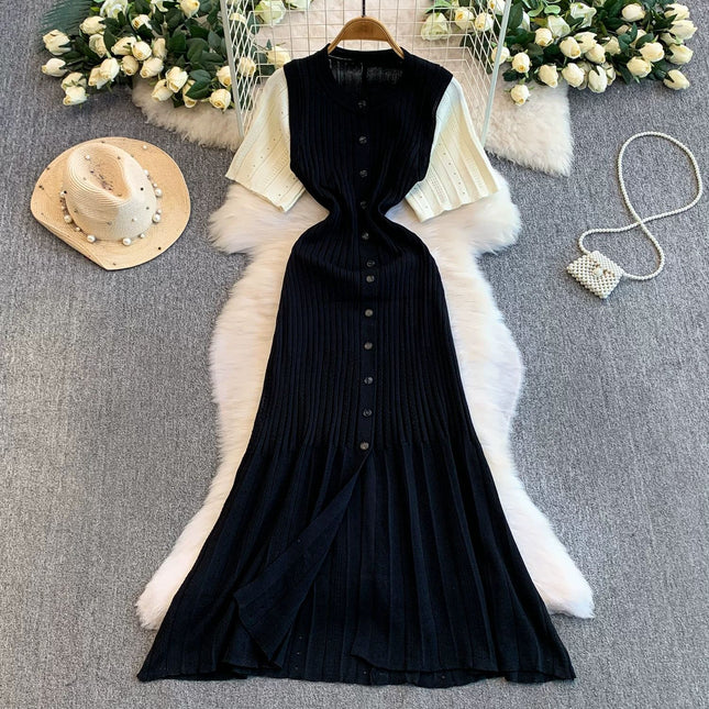 S Brand 2026 Spring/Summer New French-Style Short-Sleeve Knit Dress with Waist-Cinching Slit and A-Line Long Skirt on Aliexpress