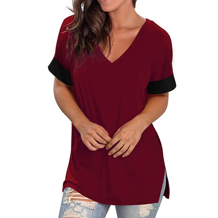 2024 Europe and the United States Spring and Summer Cross-Border New Women's Base Shirt Solid Color V-Neck Short-Sleeve Stitching