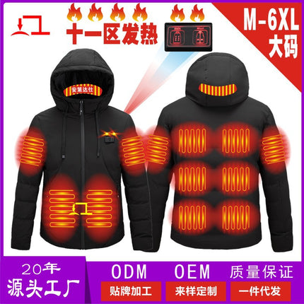 New dual-control 11-zone smart heating cotton-padded jacket hooded warm Men's cotton-padded jacket outdoor carbon fiber heating jacket