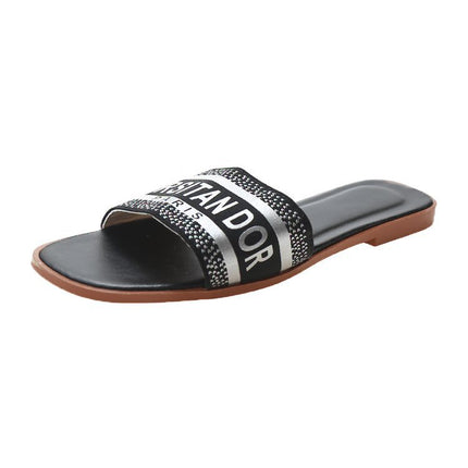 2025 Summer Outfit Women's Shoes with Flat Bottom Square Head Beach Travel Casual All-match Slippers Embroidered Letters