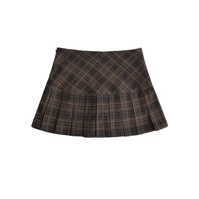 American Preppy Style Retro Plaid Brushed Pleated Skirt Slimming Look High Waist Short Skirt Female Sexy A-Line Skirt Autum