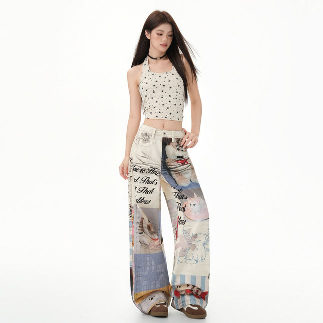 Raccoon House # American Retro Niche Fun Print Series Module Image Design Loose Wide-Leg Jeans Trendy