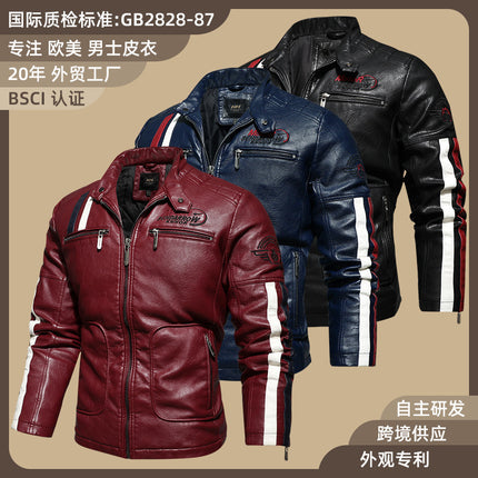 Men's Leather Jacket Autumn and Winter Motorcycle Leather Racing Suit Color Matching Embroidered Motorcycle Pu Jacket Windproof Cotton Jacket