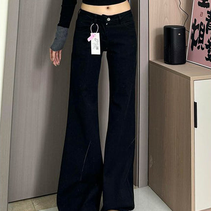 Black Low Waist No Leg Loose Micro-flare Jeans Women's Hot Girl Small Slim Look Trousers Straight Pants