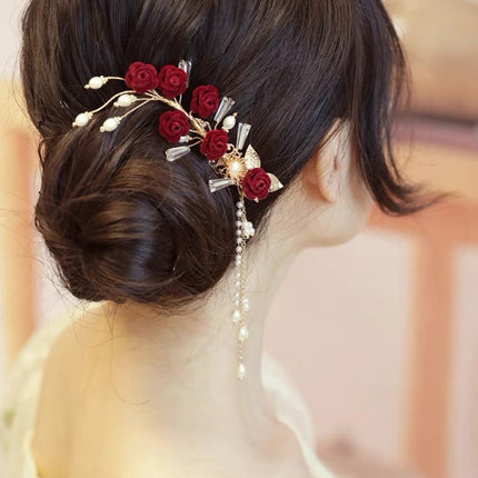 Toast Clothing Side Clip Headwear Tassel Side Clip Red Rose Hairpin Classical Cheongsam Hanfu Daily Accessories