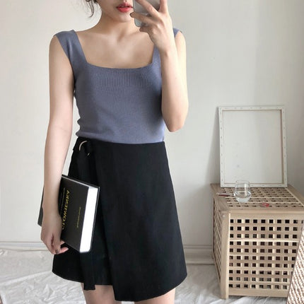 Knitted condole strap ice silk vest women's summer black and white outer wear base shirt square collar slim fit top tide wholesale