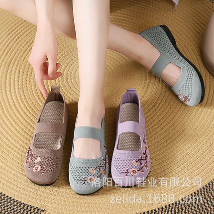 Mother Shoes 2024 Summer Hollow-out Mesh Shoes Polyurethane Middle-aged and Elderly Slip-on Ethnic Style Casual Fly-woven Embroidered Shoes