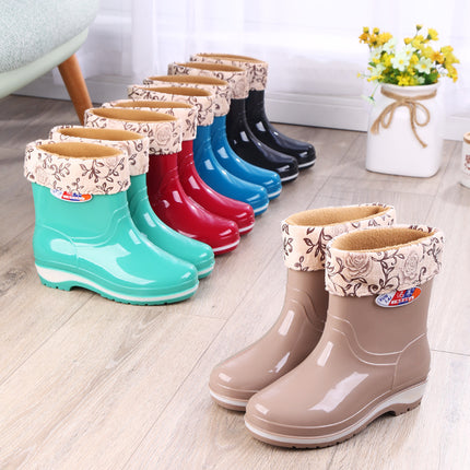 Rain Boots women's non-slip short water shoes fashion warm water boots adult low rubber shoes fleece-lined rain boots one-piece delivery