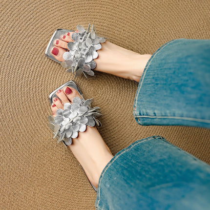 Xianxianhua 2cm Sweet Flats Genuine Leather Sandals 2025 Summer Open-Toe Outer Wear Cowhide Flat Slippers