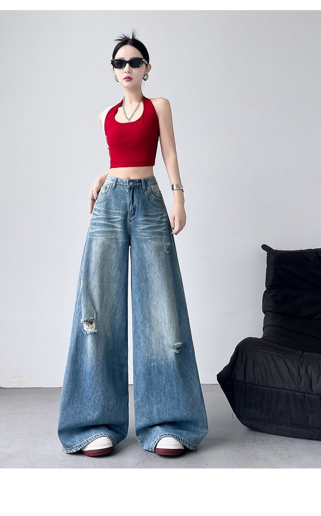 Spring New Retro Washed Ripped Denim Wide-Leg Pants for Women, Loose Slimming Straight-Leg Casual Pants, Floor-Length Pants