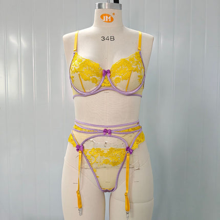 European and American Cross-Border New Products Popular High-Quality Women's Flower Embroidered Bra See-Through Sexy Bow Underwear Set