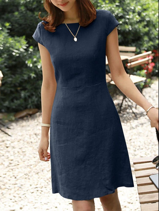 2023 Independent station Amazon new dress back zipper round neck solid color short sleeve cotton linen jumpsuit