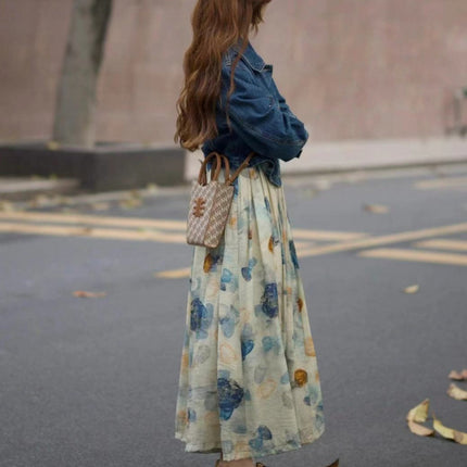 Spring 2025 new salt light cooked wind fashion age-reducing ink painting dress with Denim short coat two-piece set