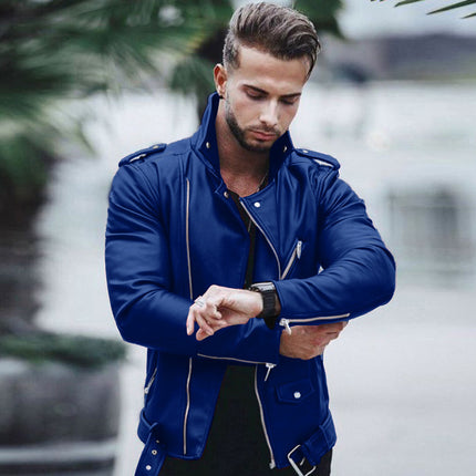 New Autumn and Winter European and American Men's Leather Jacket, Large Size, Fashionable Slim-Fit Leather Coat for Export on Wish and Aliexpress