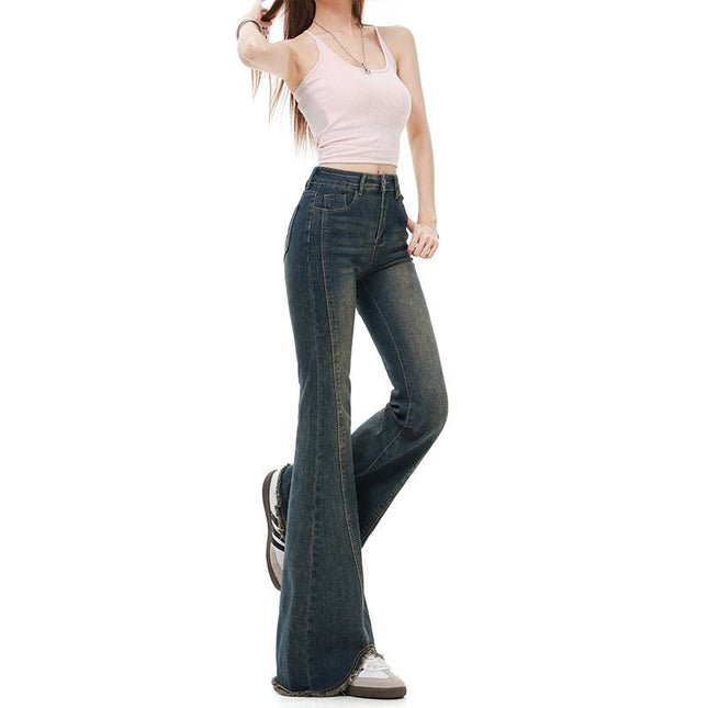 Vintage Blue Flared Jeans for Women, 2025 Summer New High-Waisted Slim-Fit Bootcut Pants with Frayed Edges