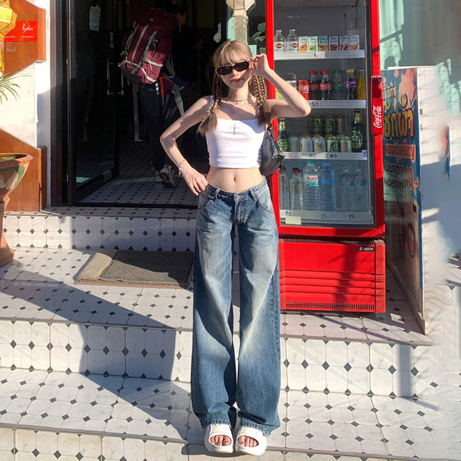 American Style Retro Hot Girl Low Waist Wide Leg Jeans Women's 2025 Spring and Autumn New Straight Tube Loose Slim Look Mop Pants