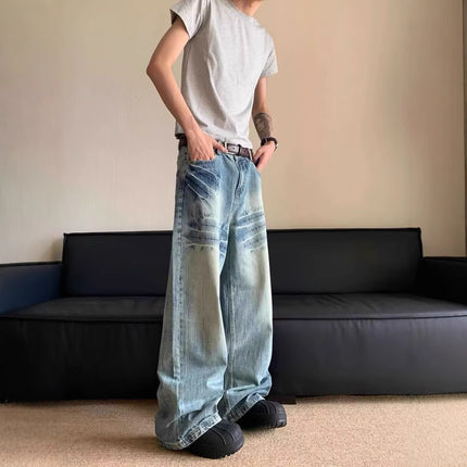 American Vibe High Street Retro Glacier Blue Fashionable Lightning Pattern Jeans Men's Washed Loose Straight Floor-Length Pants