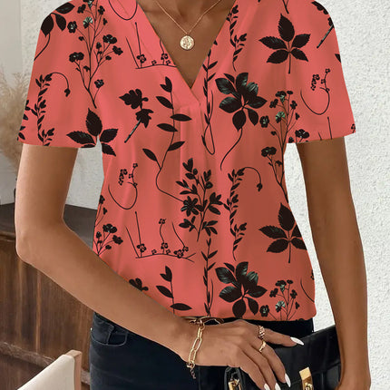European and American Cross-Border 2025 Summer New Product Amazon Independent Station Temu Fashion Casual Printed V Neck Top T-Shirt Women's Clothing