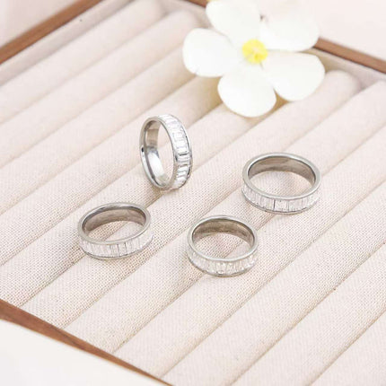 Cross-border plain ring stainless steel ring rectangular zircon ring titanium steel diamond lovers ring jewelry wholesale