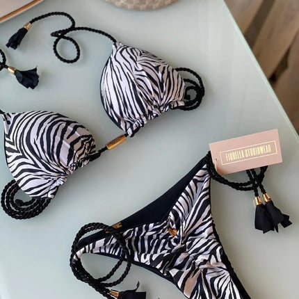 European and American Cross-border New Women's Triangle Bag Rope Bikini Solid Color Sexy Pendant Tassel Swimsuit Women's Bikini