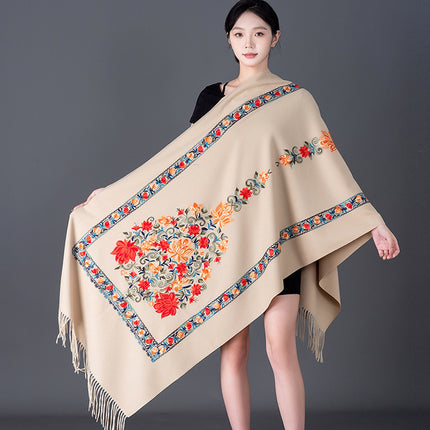 Autumn and Winter Nepal Vase Embroidered New Style Cashmere Scarf Women's Ethnic Style Embroidered Tassel Large Shawl