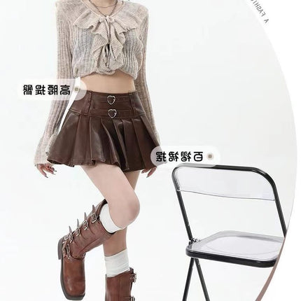 Autumn and Winter American Leather Skirt Retro Sexy High Waist Pu Pleated Skirt Slimming Look Skirt Pleated Short Skirt