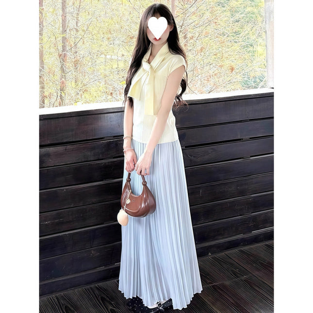 Korean Style Petite Outfit Set for Summer: This Year's Popular Knitted Top and Pleated Skirt Two-Piece Set