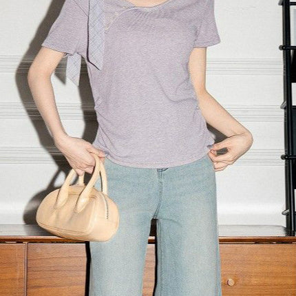 Foreign Trade Wholesale French-Style Tie-Up Irregular Design Short-Sleeve T-Shirt for Women, Super Stylish Off-Shoulder Slim-Fit Crop Top