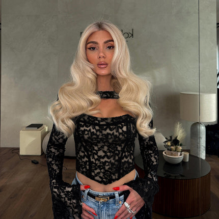 Wish Cross-Border New Women's Lace Long-Sleeved Cut Out Jacquard Navel-Baring Fashion Party Sexy Slimming Look Top