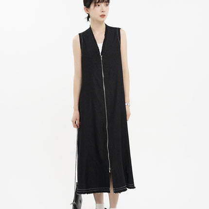 Summer Japanese Style Retro Design Sense Casual V-neck Zipper Edge Hem Collar Sleeveless Vest Denim dress