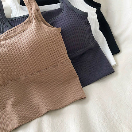 Summer Crop Top Women Seamless Square Collar Wide Straps Tank Top Knitted Striped Camisole Solid Corset Top Female