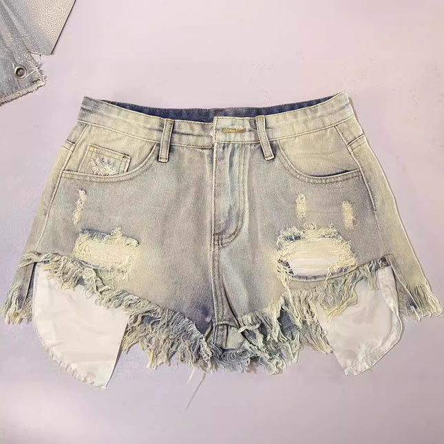 New high waist Korean style light color nostalgic washed jeans slimming frayed hot pants need to be ordered