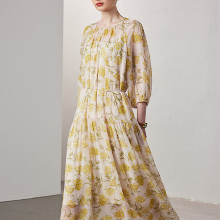 Short-Sleeved Silk Dress for Women 2026 Spring and Summer New Two-Piece Set Slightly See-Through Printed Georgette 100% Mulberry Silk Long Dress