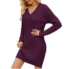 Purplish red V-neck long sweater dress / S