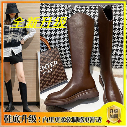 Fashionable and Elegant Long Slim Boots with Back Zipper, Knee-High Thick-Soled High Boots, 2025 Spring New Plush Women's Boots