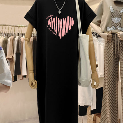 plus size Short-sleeved Cotton Mid-length Dress Women's 2025 Summer New All-match Loose Long Dress Flying Sleeve Split dress