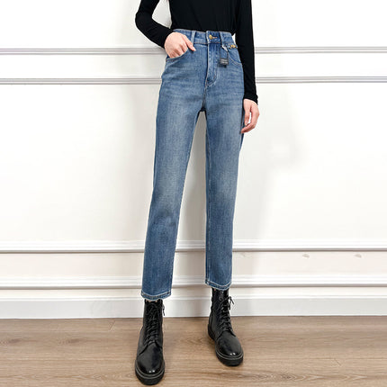 Arc de Triomphe chain design four-sided elastic high-quality jeans super slimming distressed pipe pants women's cropped pants