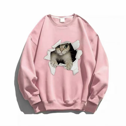 Lazy Style Cat Casual Long-sleeved fleece-lined Sweat Women's Autumn and Winter Loose Design Niche Couple's Crewneck Top