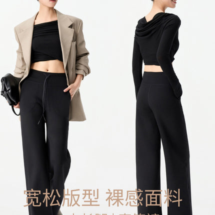 Summer New Gray Sports Casual Pants Women's Pocket Drawstring Thin High Waist Straight Cool Tall Pants