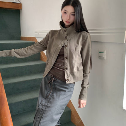 Short Jacket for Women with Unique Design, Brushed Stand Collar, Waist-Cinching, Slimming, Retro, Casual, Versatile Jacket Top for Autumn