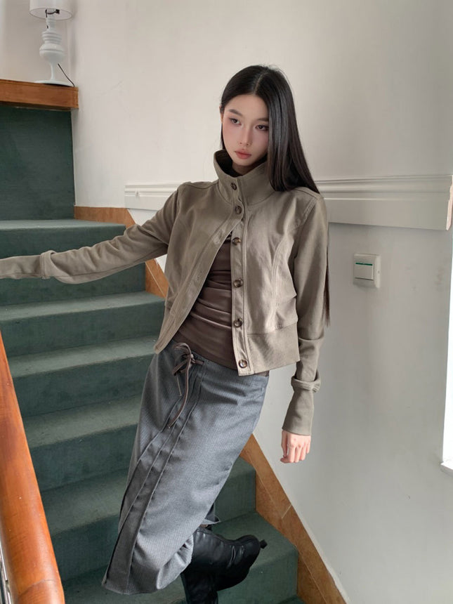Short Jacket for Women with Unique Design, Brushed Stand Collar, Waist-Cinching, Slimming, Retro, Casual, Versatile Jacket Top for Autumn