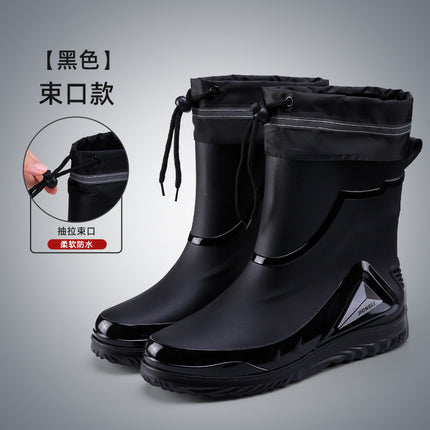 Men's Rain Boots with Cuffs, New Waterproof Shoes, Outdoor Drawstring Boots, Kitchen Non-Slip Work Rubber Shoes, Fleece-Lined Warm Rain Boots