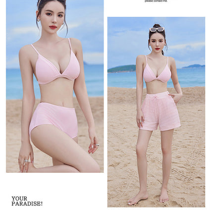2024 new swimsuit women's split four-piece suit belly covering slimming gathered small chest South Korea ins style Hot Spring