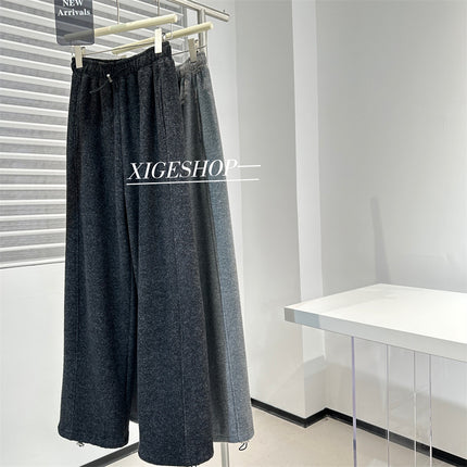 dark gray Cashmere Texted Lazy Wide Leg Floor Pants Women's Winter Thickened fleece-lined Straight Leg Casual Pants