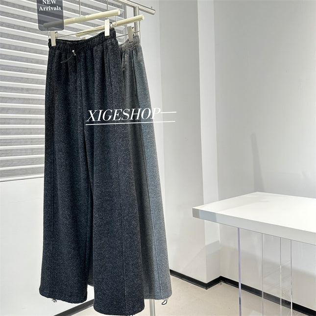 dark gray Cashmere Texted Lazy Wide Leg Floor Pants Women's Winter Thickened fleece-lined Straight Leg Casual Pants