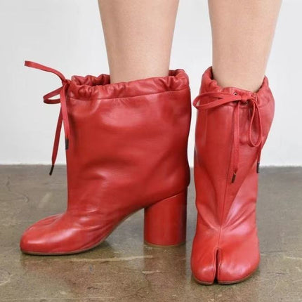 2025 Autumn and Winter New Arrival Wide Pig's Trotter Boots Lace-up Thick Heel-split Boots Women's Knight Drawstring Super Soft Leather Horseshoe Ankle Boots